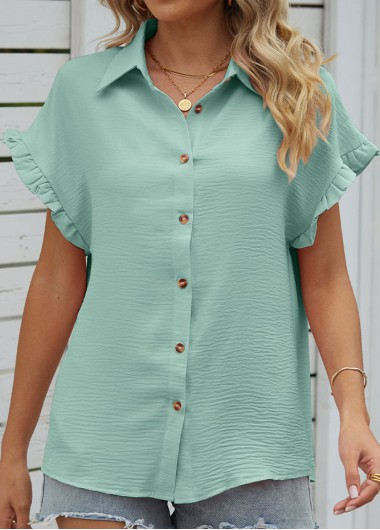Mint Green tops,Plain Color tops,Button Mint Green Shirt Collar Short Sleeve Blouse