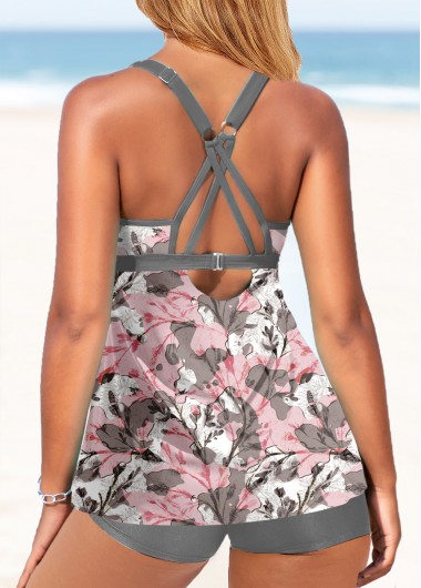 Light Pink swimwear,Grey swimwear,Floral swimwear,ROTITA Contrast Binding Light Pink Floral Print Tankini Set