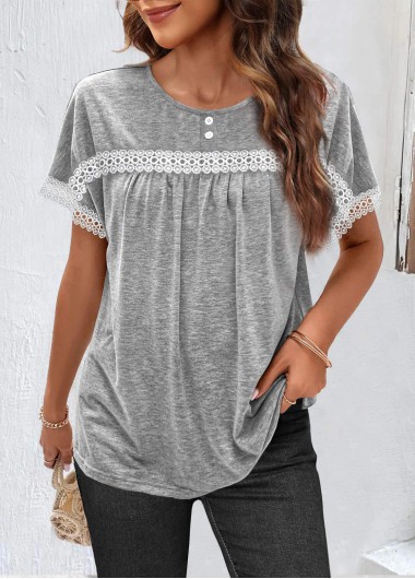 Light Grey Marl tops,Plain Color tops,ROTITA Ruched Light Grey Marl Round Neck T Shirt