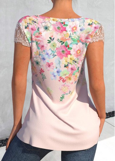 Light Pink tops,Floral tops,ROTITA Patchwork Floral Print Light Pink T Shirt