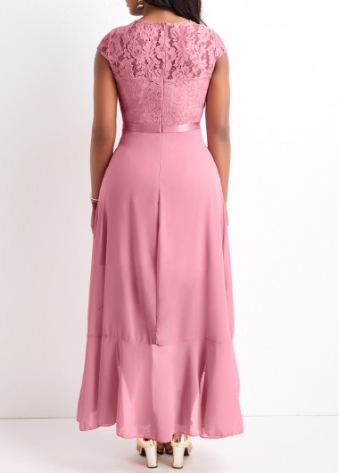 Pink plus size,Plain Color plus size,Plus Size Lace Pink High Low Dress