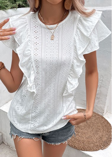 White tops,Plain Color tops,Ruffle White Round Neck Short Sleeve Blouse