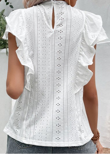 White tops,Plain Color tops,Ruffle White Round Neck Short Sleeve Blouse