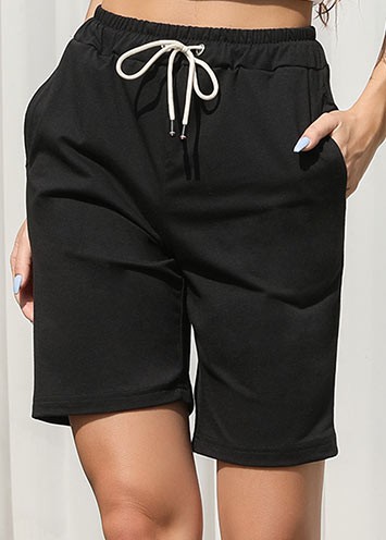 Black bottoms,Plain Color bottoms,Pocket Black Regular Drawastring High Waisted Shorts