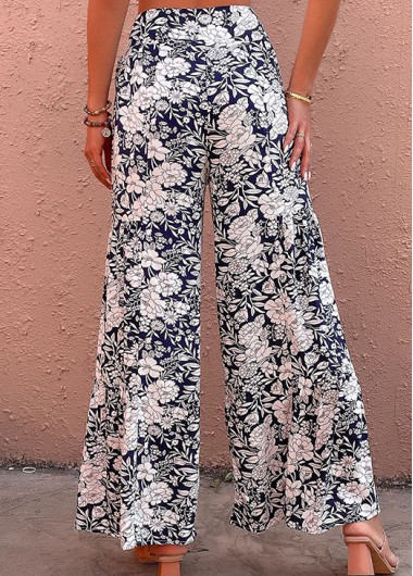 Navy bottoms,Floral bottoms,Bowknot Floral Print Navy Elastic Waist Pants