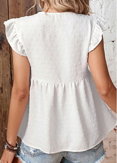 White tops,Plain Color tops,Ruffle White Tie Collar Short Sleeve Blouse