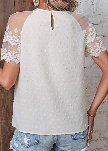 White tops,Plain Color tops,Patchwork White Round Neck Short Sleeve Blouse