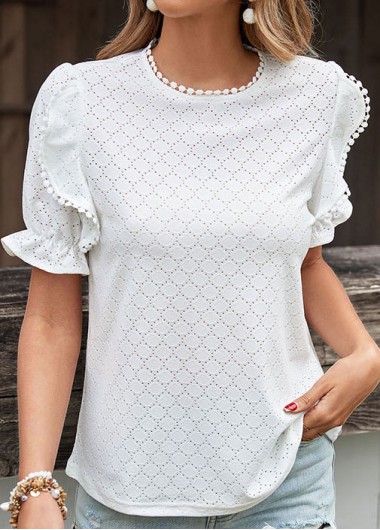 White tops,Plain Color tops,Button White Round Neck Short Sleeve T Shirt