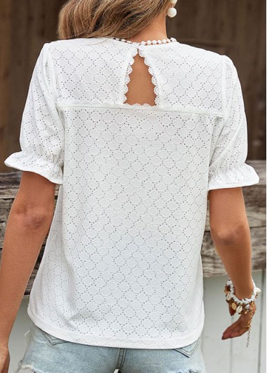 White tops,Plain Color tops,Button White Round Neck Short Sleeve T Shirt