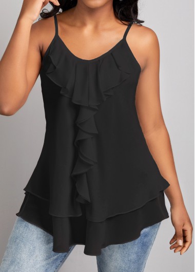 Black tops,Plain Color tops,ROTITA Ruffle Black Scoop Neck Strappy Camisole Top
