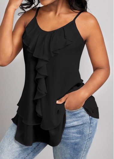 Black tops,Plain Color tops,ROTITA Ruffle Black Scoop Neck Strappy Camisole Top