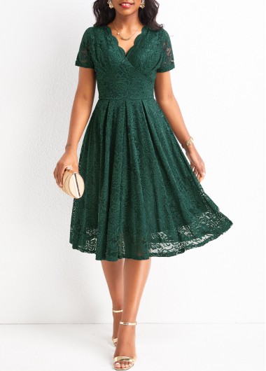 Blackish Green dresses,Plain Color dresses,Lace Blackish Green V Neck Short Sleeve Dress