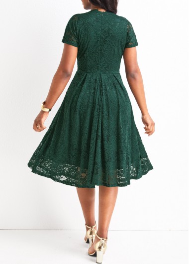 Blackish Green dresses,Plain Color dresses,Lace Blackish Green V Neck Short Sleeve Dress
