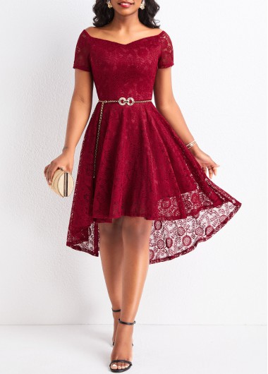 Wine Red dresses,Plain Color dresses,Lace Wine Red High Low Off Shoulder Dress