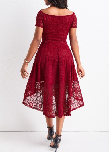Wine Red dresses,Plain Color dresses,Lace Wine Red High Low Off Shoulder Dress