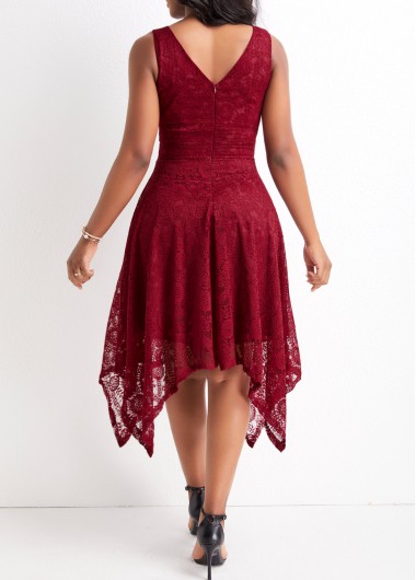 Wine Red dresses,Plain Color dresses,V Neck Lace Wine Red Sleeveless Dress