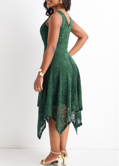 Blackish Green dresses,Plain Color dresses,Lace Blackish Green High Low V Neck Dress