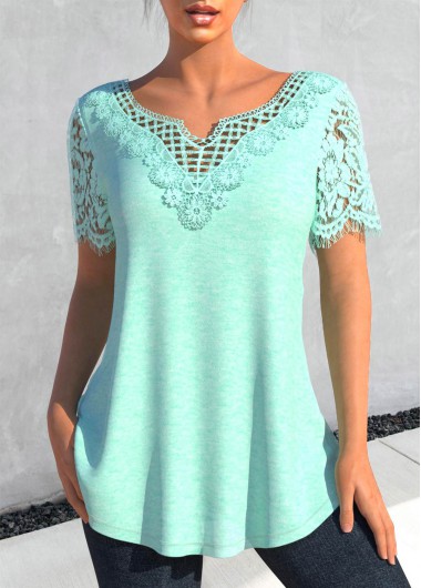 Mint Green tops,Plain Color tops,ROTITA Lace Mint Green Round Neck T Shirt
