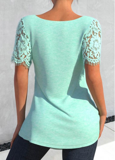 Mint Green tops,Plain Color tops,ROTITA Lace Mint Green Round Neck T Shirt