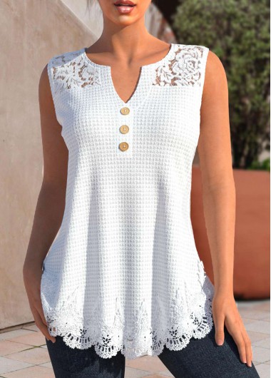 White tops,Plain Color tops,ROTITA Lace White Split Neck Tank Top