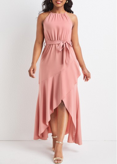 Dusty Pink dresses,Plain Color dresses,Dusty Pink Belted High Low Sleeveless Dress