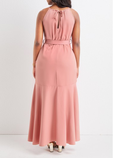 Dusty Pink dresses,Plain Color dresses,Dusty Pink Belted High Low Sleeveless Dress