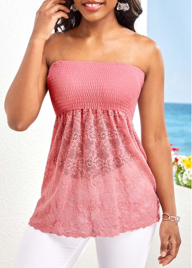 Pink tops,Plain Color tops,Lace Patchwork Pink Bandeau Tank Top
