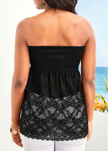 Black tops,Plain Color tops,Lace Black Smocked Bandeau Tank Top