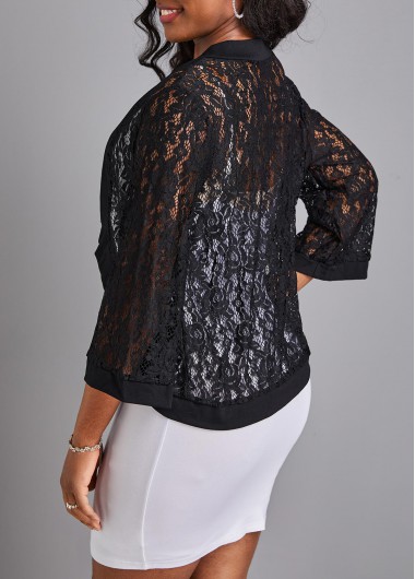 Black outerwear & coats,Plain Color outerwear & coats,Lace Black Three Quarter Length Sleeve Coat