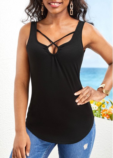 Black tops,Plain Color tops,Criss Cross Black Cutout Camisole Top