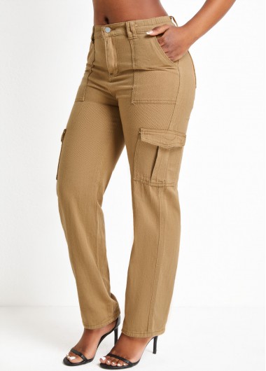 Dark Camel bottoms,Plain Color bottoms,Pocket Dark Camel Regular Zipper Fly Jeans