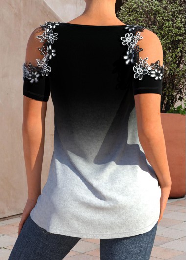 Black tops,Ombre tops,Contrast Color tops,ROTITA Patchwork Ombre Black Round Neck T Shirt