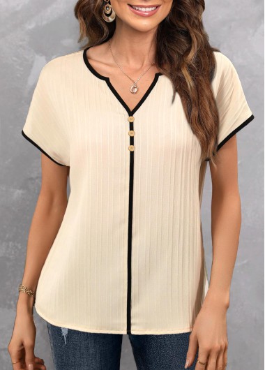Beige tops,Contrast Color tops,ROTITA Split Light Weight Beige Short Sleeve Blouse