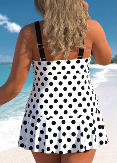 White plus size,Dot plus size,ROTITA Plus Size Mid Waisted Drawstring Polka Dot Tankini Set