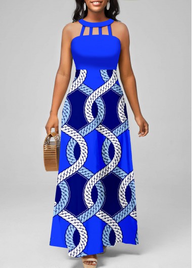 Royal Blue dresses,Tribal dresses,ROTITA Cage Neck Tribal Print Royal Blue Maxi Dress