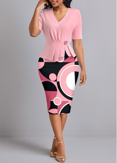 Pink dresses,Geometric dresses,ROTITA Ruched Geometric Print Pink V Neck Bodycon Dress