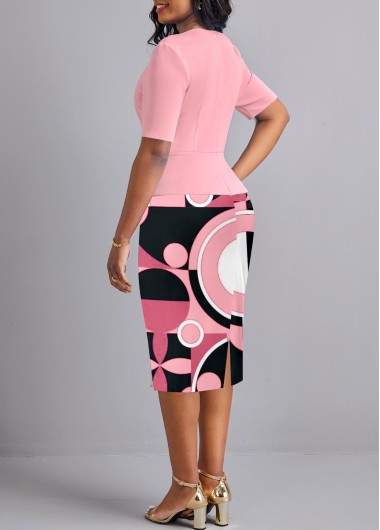 Pink dresses,Geometric dresses,ROTITA Ruched Geometric Print Pink V Neck Bodycon Dress