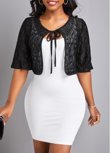 Black outerwear & coats,Plain Color outerwear & coats,Black Scoop Neck Lace Half Sleeve Coat