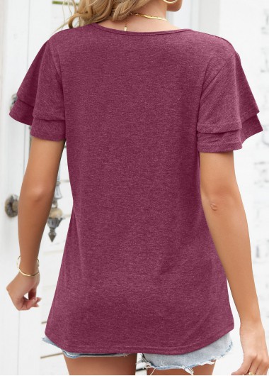Wine Red tops,Plain Color tops,Layered Wine Red V Neck T Shirt