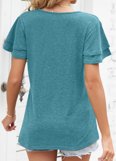 Green tops,Plain Color tops,Layered Green V Neck Short Sleeve T Shirt