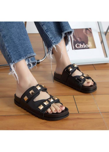 Black accessories,Geometric accessories,Falt Black Open Toe Slippers