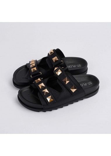 Black accessories,Geometric accessories,Falt Black Open Toe Slippers