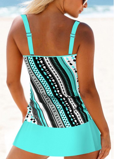 Cyan swimwear,Geometric swimwear,Striped swimwear,ROTITA Circular Ring Cyan Geometric Print Tankini Set