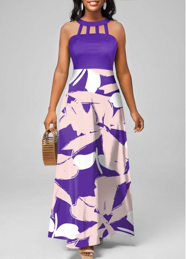 Purple dresses,Floral dresses,ROTITA Cage Neck Floral Print Purple Sleeveless Maxi Dress