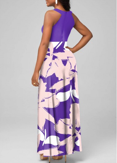 Purple dresses,Floral dresses,ROTITA Cage Neck Floral Print Purple Sleeveless Maxi Dress