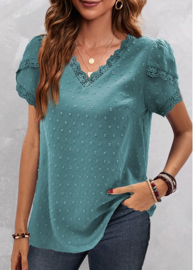 Turquoise tops,Plain Color tops,ROTITA Lace Turquoise V Neck Short Sleeve Blouse