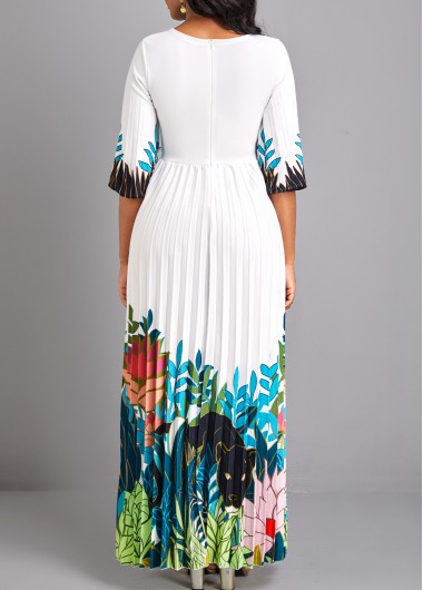 White dresses,Floral dresses,Plants dresses,Animal Print dresses,Vacation dresses,Vacation dresses,ROTITA Pleated Floral Print White Round Neck Maxi Dress