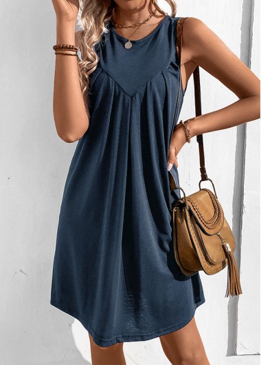 Navy dresses,Plain Color dresses,Ruched Navy H Shape Round Neck Sleeveless Dress
