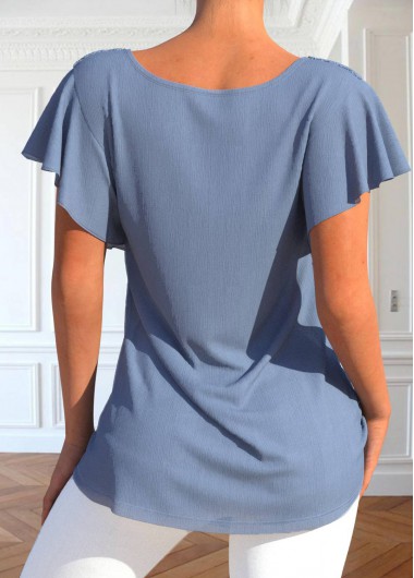 Dusty Blue tops,Plain Color tops,ROTITA Lace Dusty Blue Split Neck T Shirt