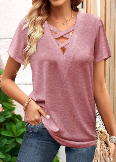 Dusty Pink tops,Plain Color tops,ROTITA Criss Cross Dusty Pink V Neck T Shirt